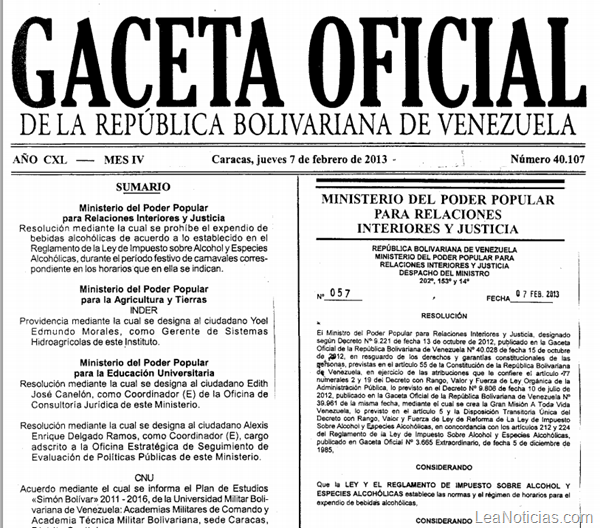 Gaceta Oficial 40.107 - Restricción Bebidas alcohólicas en Carnaval