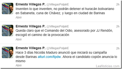 Tweets de Ernesto Villegas respecto a Capriles Radonski