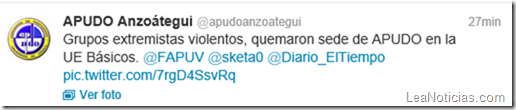 Tweet de Apudo Anzoátegui informando que su sede fue quemada