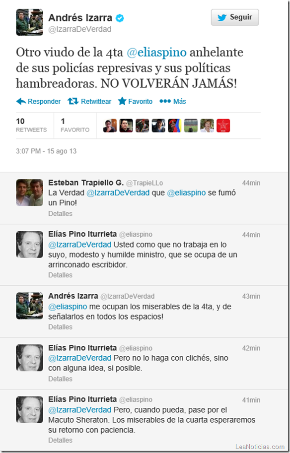 Conversación entre Andrés Izarra y Elías Pino por Twitter