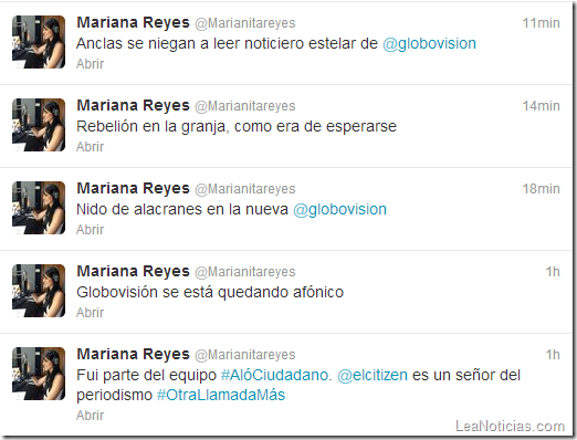 Tweets de Mariana Reyes respecto a Globovisión