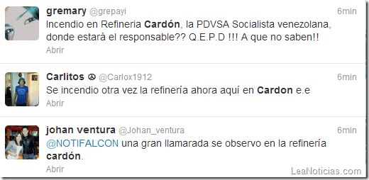 Tweets sobre incendio en refinería Cardón