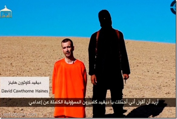 A still image taken from a purported Islamic State video released September 13, 2014 of British captive David Haines before he is beheaded. Islamic State militants fighting in Iraq and Syria released a video on Saturday which purported to show the beheading of British aid worker Haines. Reuters could not immediately verify the footage. However, the images were consistent with that of the filmed executions of two American journalists, James Foley and Steven Sotloff, in the past month. Haines, a 44-year-old father of two from Perth in Scotland, was kidnapped last year while working for the French agency ACTED.  Mandatory credit REUTERS/SITE Intel Group via Reuters TV (POLITICS CONFLICT)  ATTENTION EDITORS - THIS PICTURE WAS PROVIDED BY A THIRD PARTY. REUTERS IS UNABLE TO INDEPENDENTLY VERIFY THE AUTHENTICITY, CONTENT, LOCATION OR DATE OF THIS IMAGE. FOR EDITORIAL USE ONLY. NOT FOR SALE FOR MARKETING OR ADVERTISING CAMPAIGNS. NO SALES. NO ARCHIVES. THIS PICTURE IS DISTRIBUTED EXACTLY AS RECEIVED BY REUTERS, AS A SERVICE TO CLIENTS. MANDATORY CREDIT