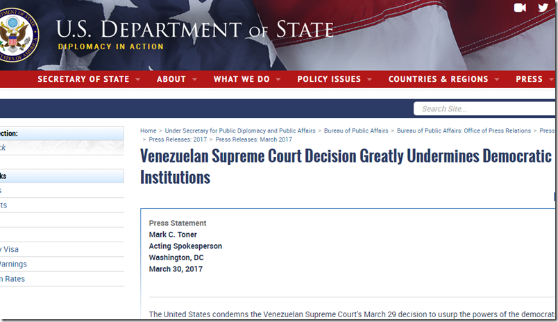 EEUU: Corte Suprema venezolana socava enormemente las instituciones democráticas (Comunicado)