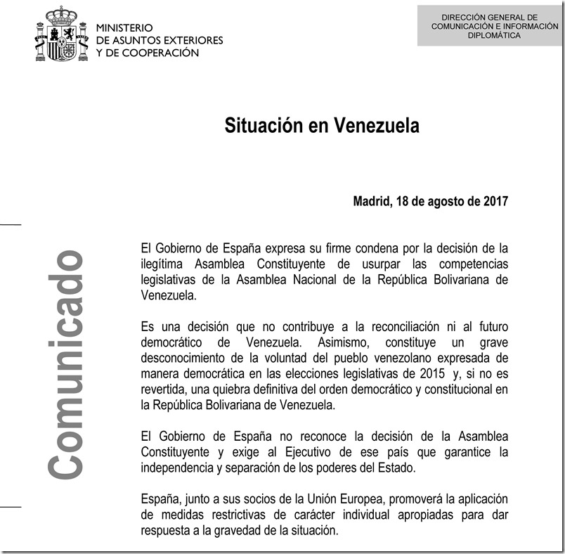 Comunicado del gobierno de España sobre el golpe de Estado en Venezuela