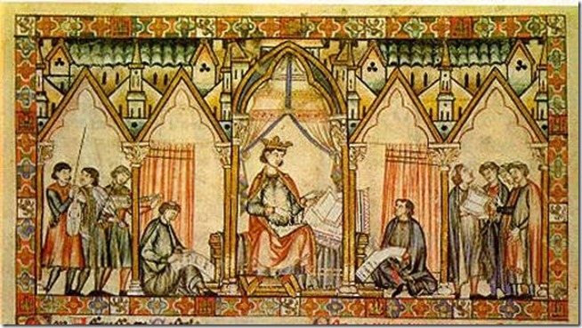 Miniatura de las Cantigas de Santa María que muestra a Alfonso X el Sabio dictando.