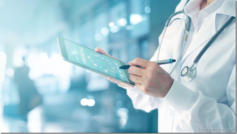 Medicine doctor and stethoscope touching icon medical network connection with modern interface on digital tablet in hospital background. Medical technology network concept