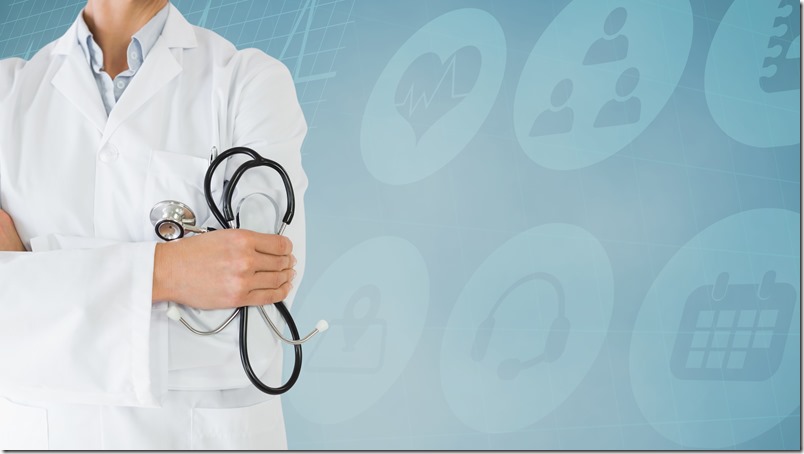 Doctor standing with arms crossed against hospital icons in background