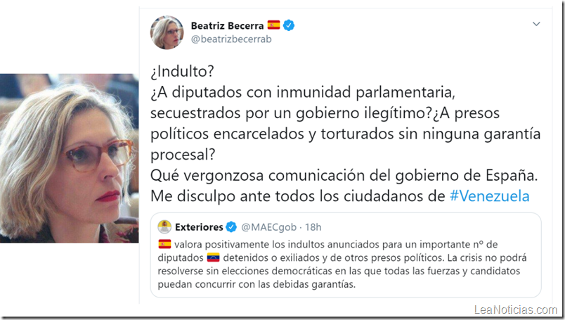 Beatriz Becerra calificó de vergonzoso el comunicado de España sobre los indultos en Venezuela