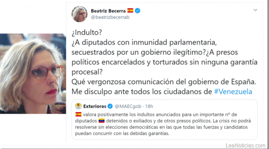 Beatriz Becerra calificó de vergonzoso el comunicado de España sobre los “indultos” en Venezuela